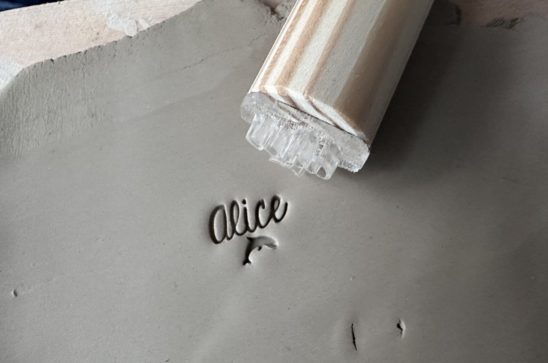 Personalized Pottery Stamp first name and dolphin