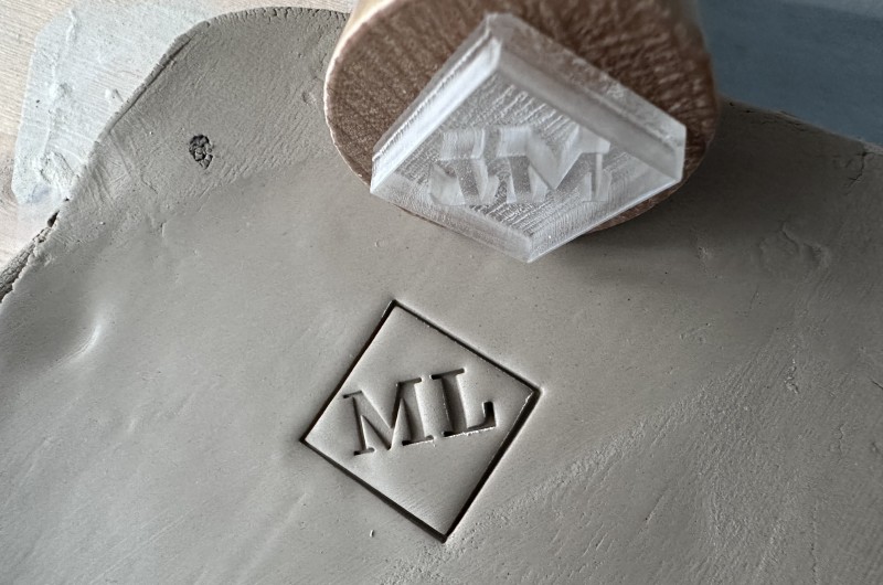 Personalized pottery stamp with initials and square